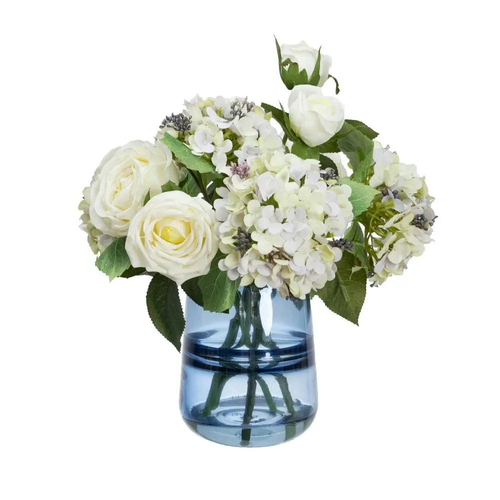 Glamorous Fusion Austin Rose & Hydrangea Artificial Faux Plant Decorative Arrangement 30cm In Glass