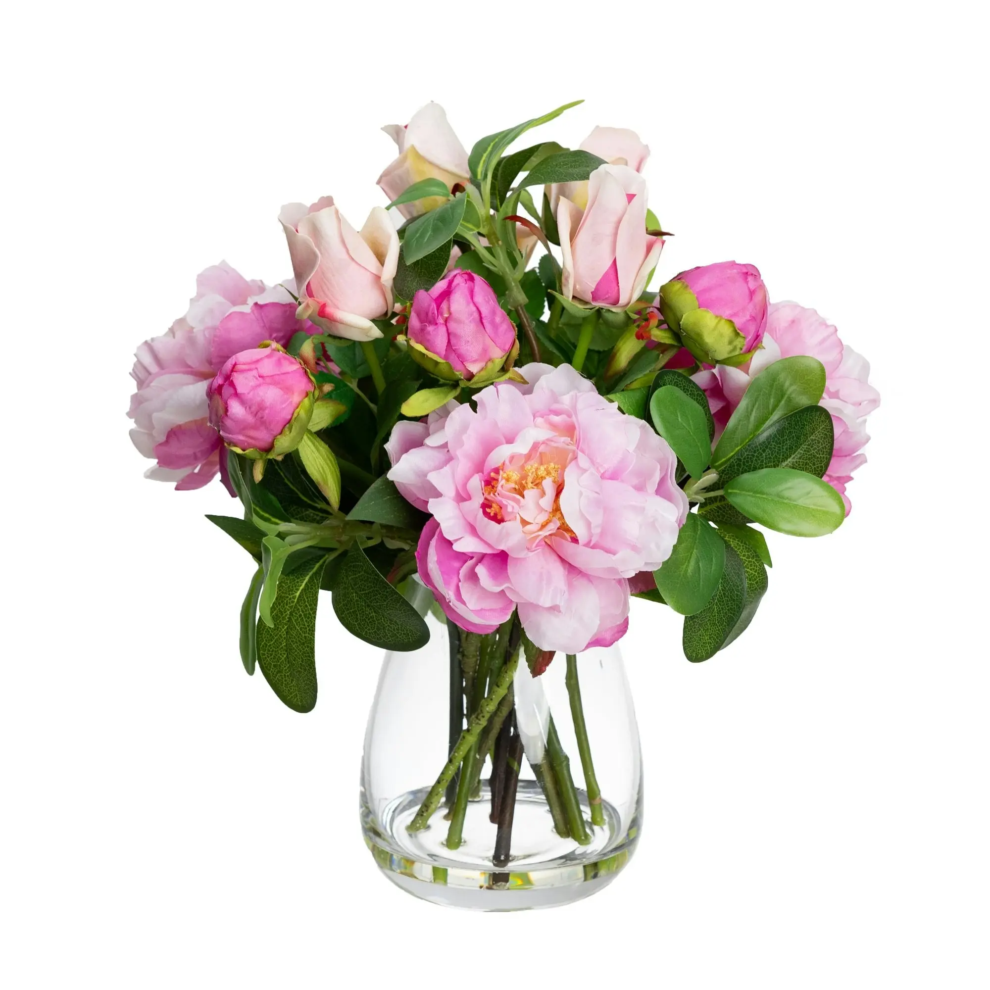 Glamorous Fusion Pink Peony & Rose Artificial Faux Plant Flower Decorative Mixed Arrangement 36cm In Glass