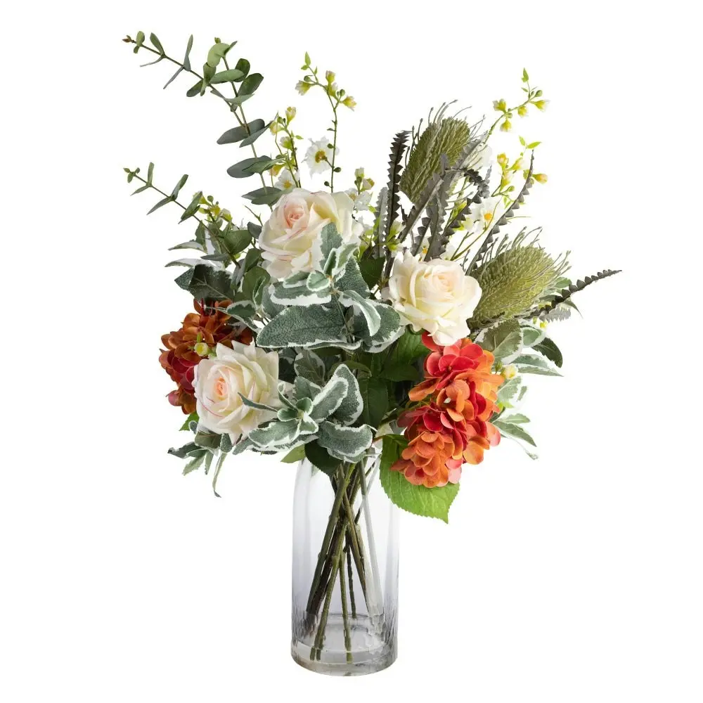 Glamorous Fusion Hydrangea & Banksia Artificial Plant Arrangement 80cm In Glass - Multi Color