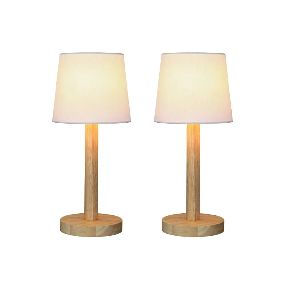 Gloei Duo Set of 2 Contemporary Wooden Table Desk Lamp Light Polyester Shade - White