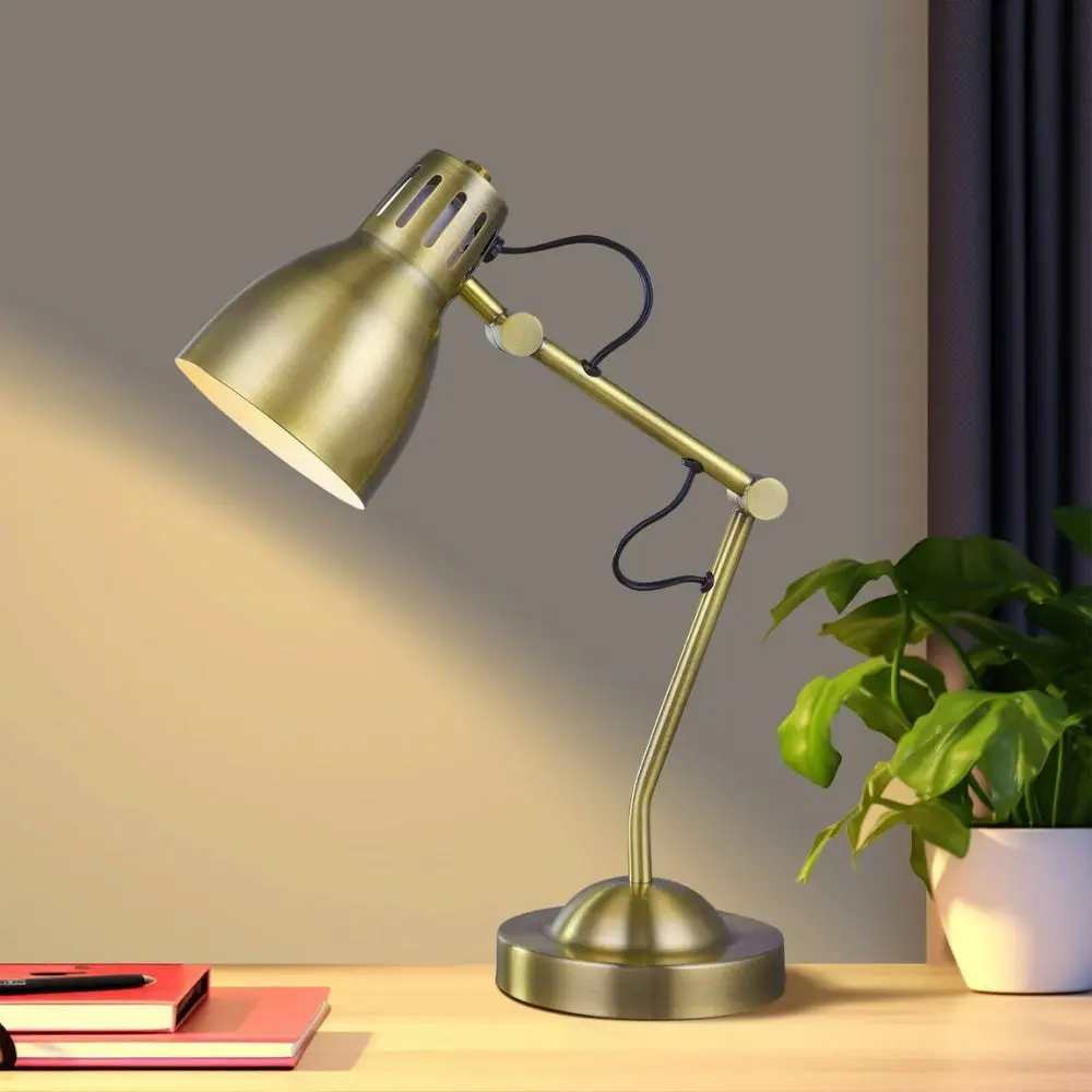 Intense Bright Classic Metal Table Desk Lamp Reading Light Adjustable Arms Metal Shade - Antique Brass