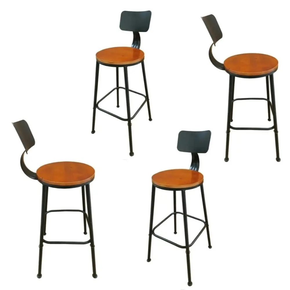 Design Square Set Of 4 Industrial Kitchen Bar stool Wooden Seat Metal Frame - Black