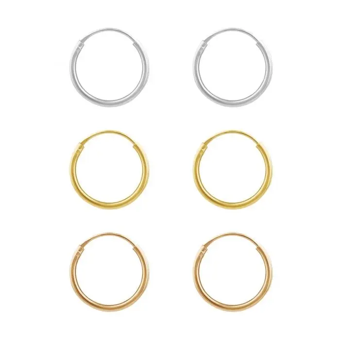 Sterling Silver Gold and Rose Plated Set of 3 12mm Sleeper Earrings