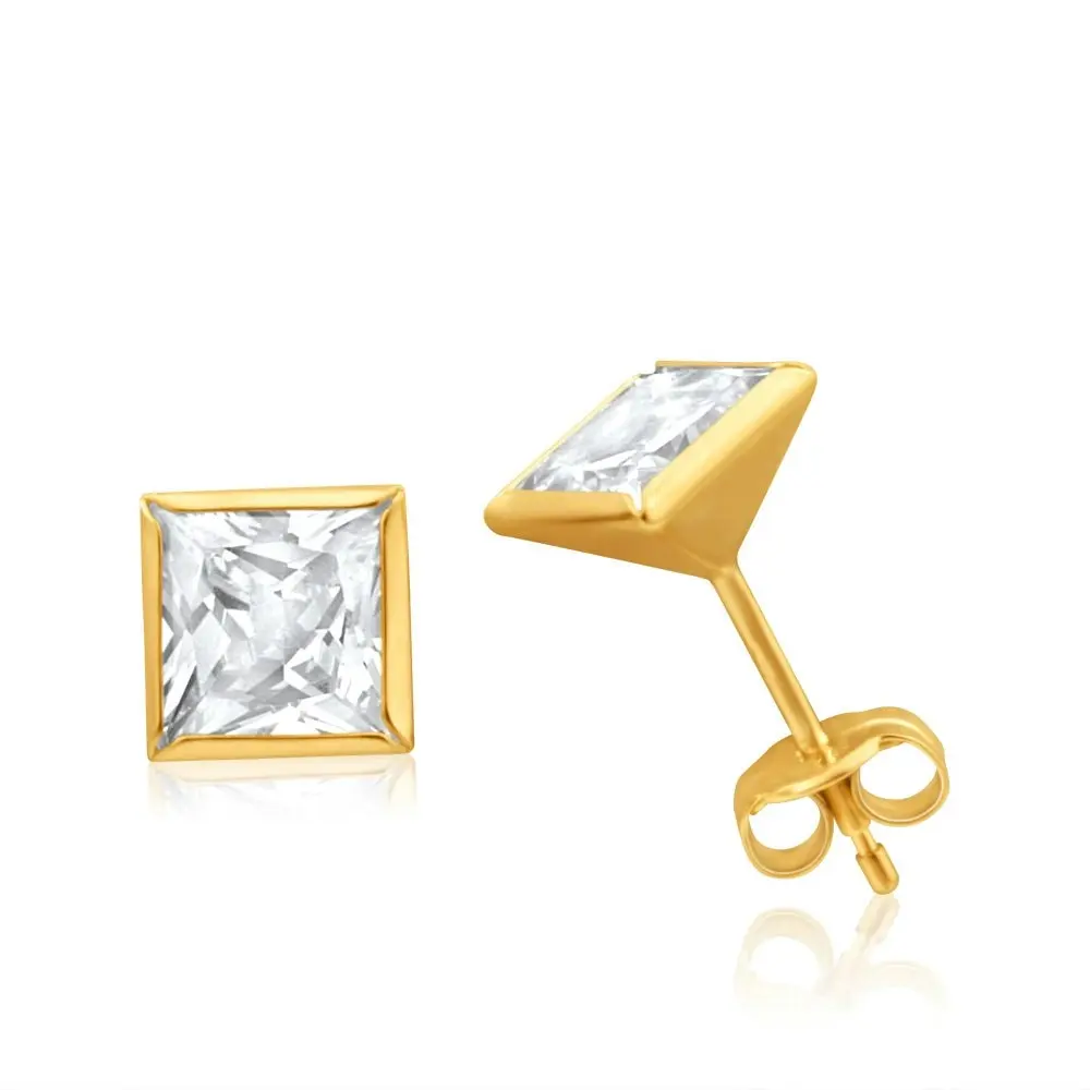 9ct Yellow Gold 6mm Princess Cut Cubic Zirconia Stud Earrings