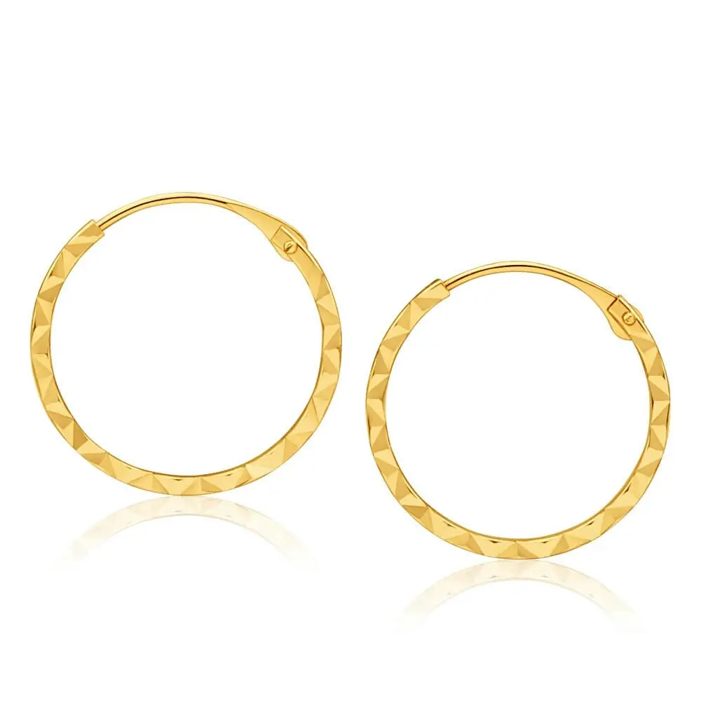 9ct Yellow Gold Diamond cut Sleepers Earrings in 15mm