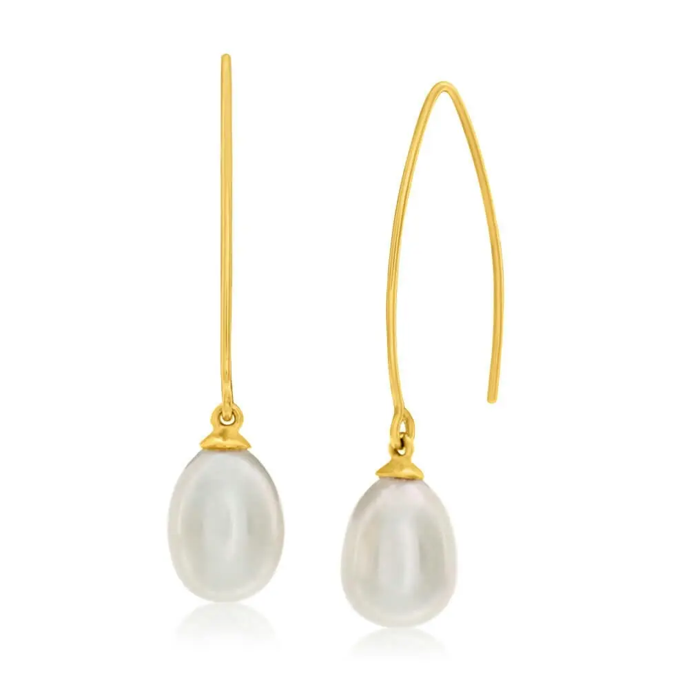 9ct Yellow Gold Fresh Water Pearl Long Drop Earrings