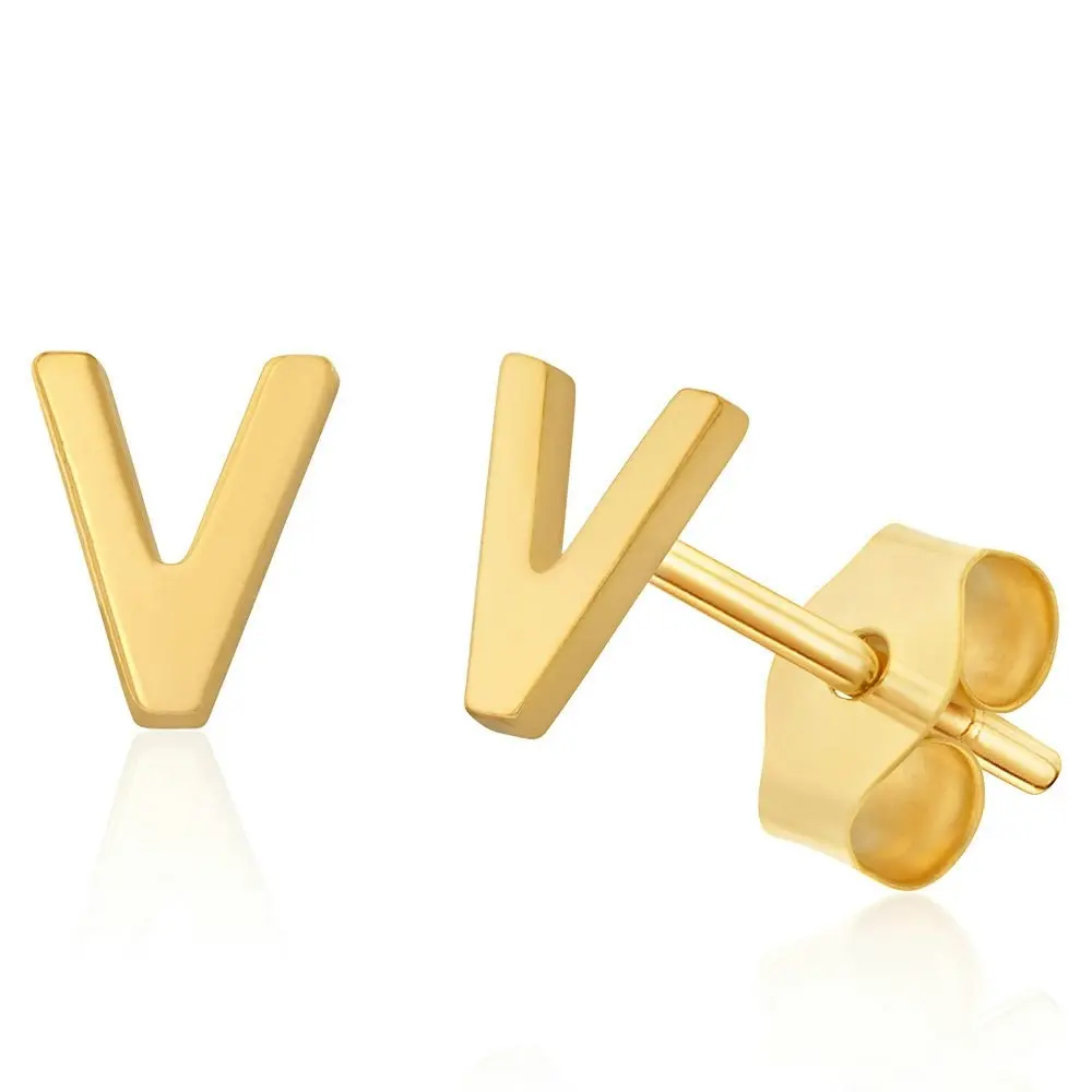 9ct Yellow Gold Mini Initial "V" Stud Earrings