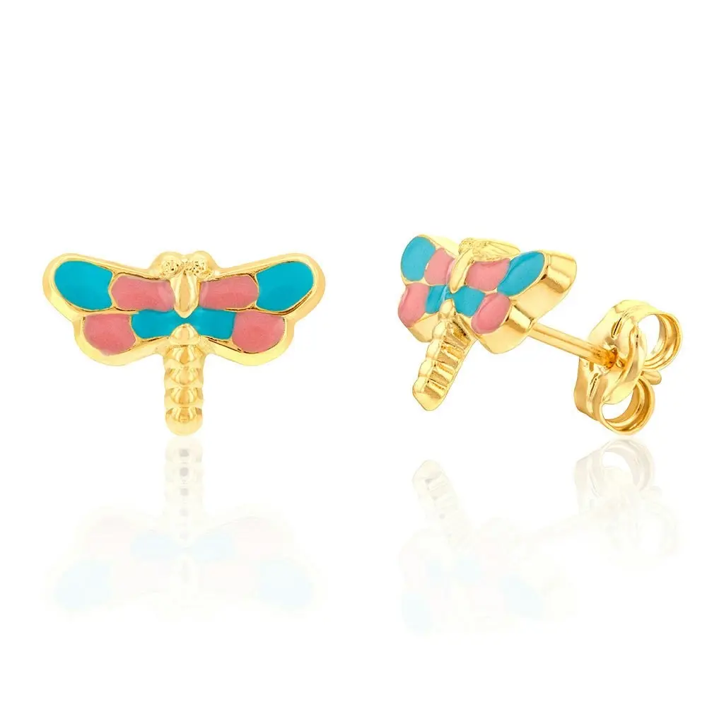 9ct Yellow Gold Dragonfly Enamel 11X 7mm Stud Earrings