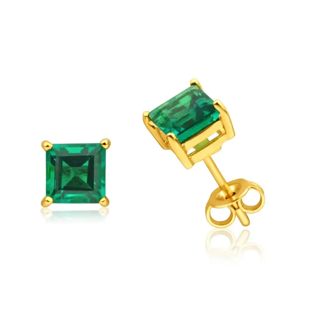 9ct Yellow Gold Created Emerald Stud Earrings