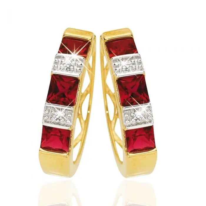 9ct Yellow Gold Created Ruby Diamond Hoop Earrings