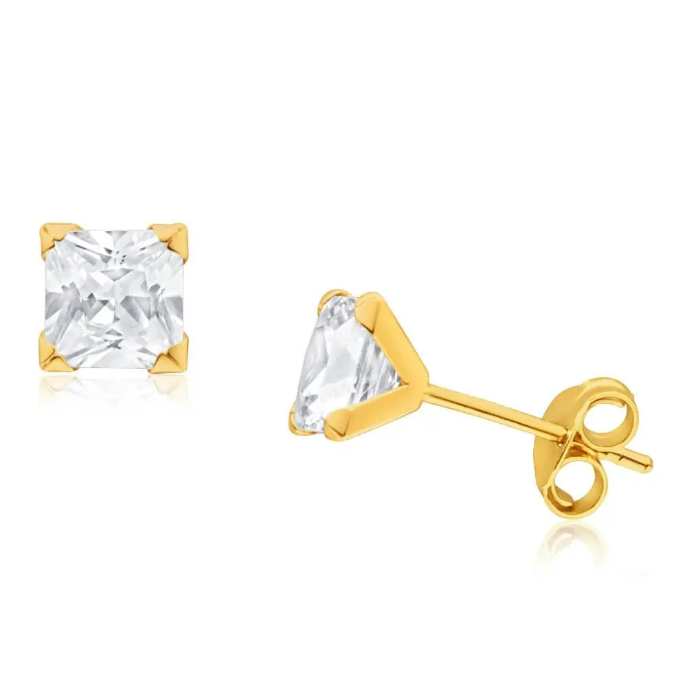 9ct Yellow Gold Cubic Zirconia 5mm Princess Cut Stud Earrings