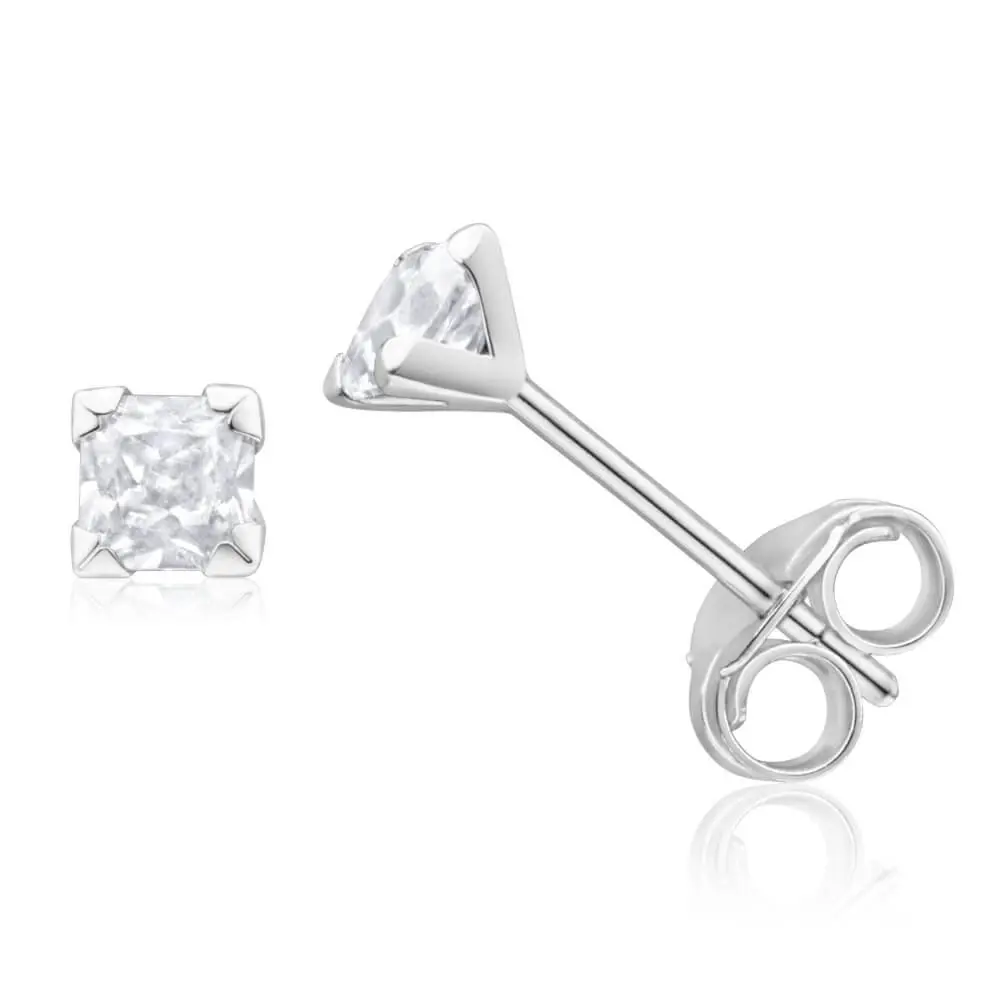 9ct White Gold 3mm Princess Cut Cubic Zirconia Stud Earrings