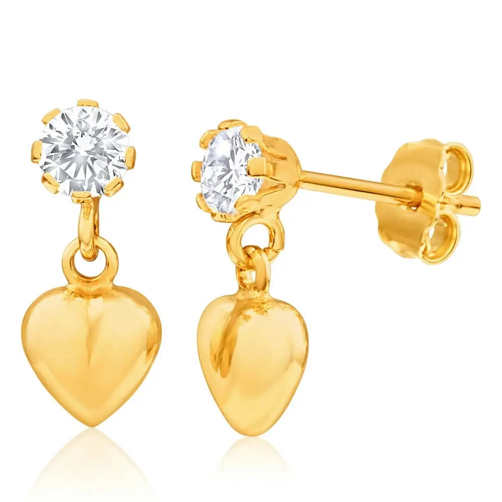 9ct Yellow Gold Silver Filled Cubic Zirconia Heart Drop Earrings