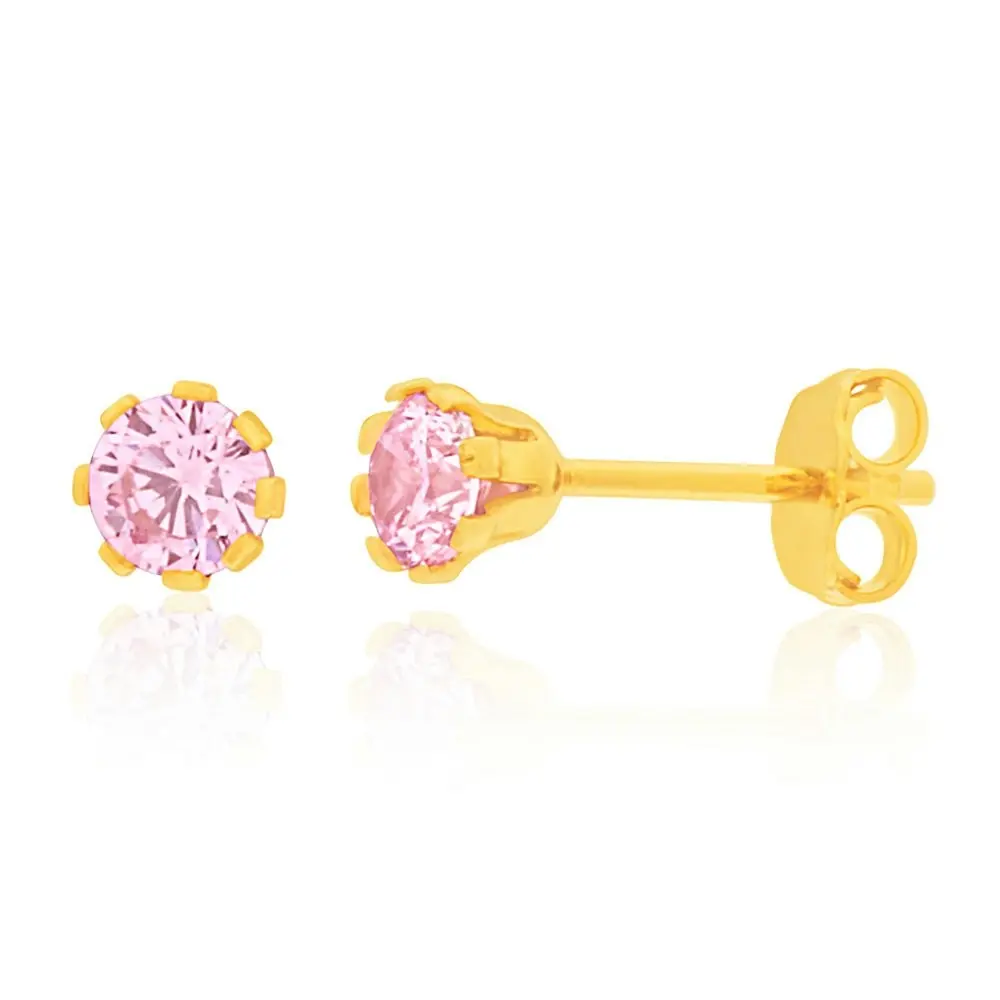 9ct Yellow Gold Silver Filled Pink Cubic Zirconia Stud Earrings