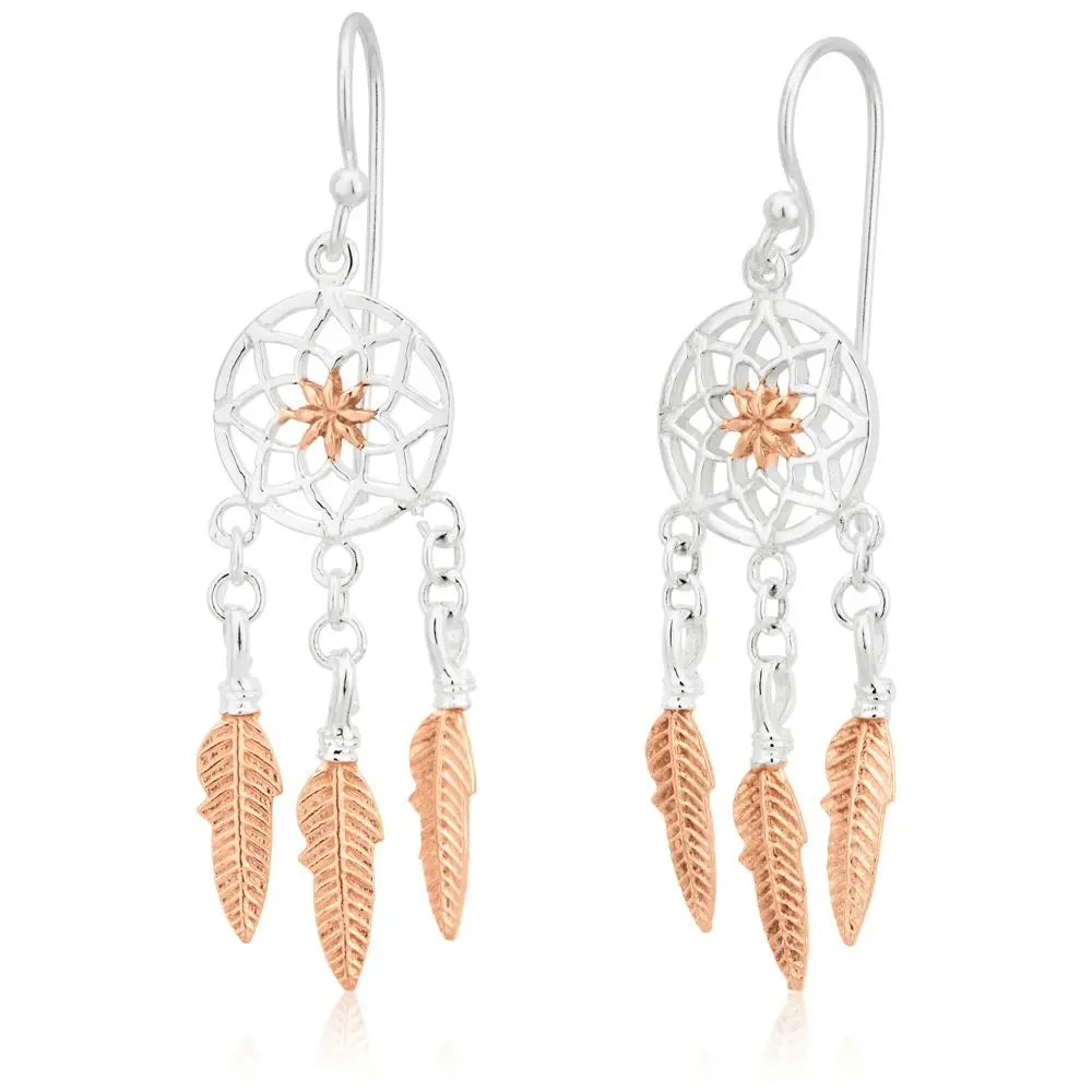 Sterling Silver and Rose Gold Plated Dreamcatcher Drop Earrings