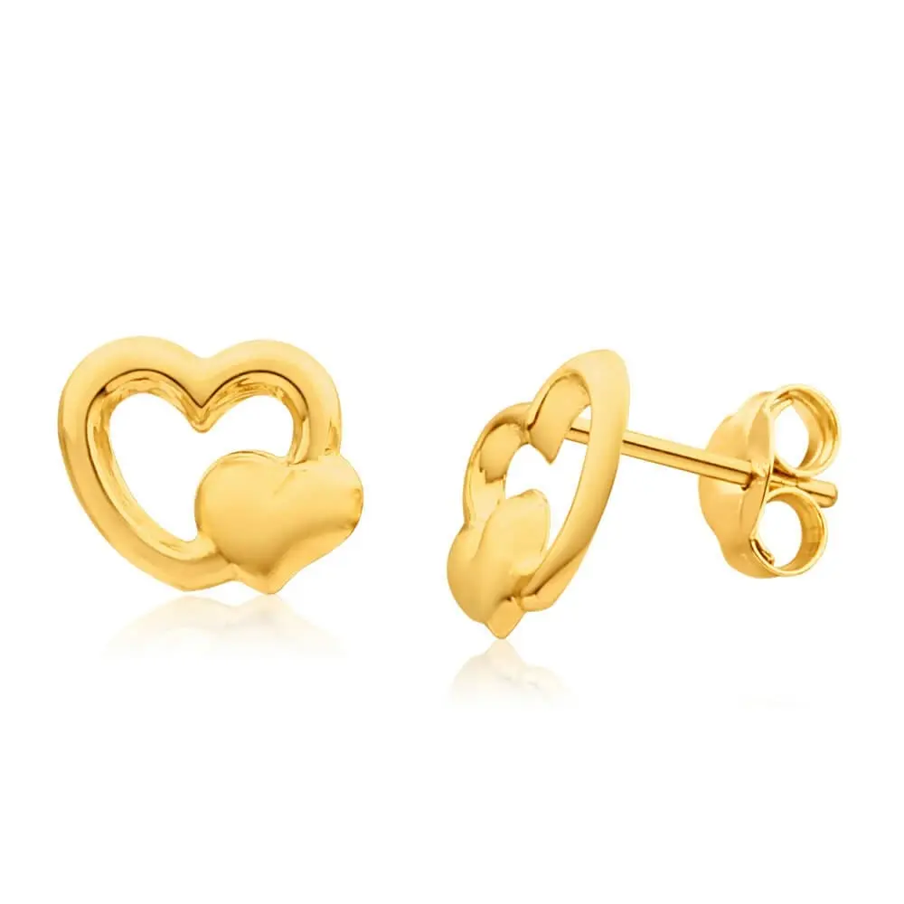 9ct Yellow Gold Double Heart Stud Earrings