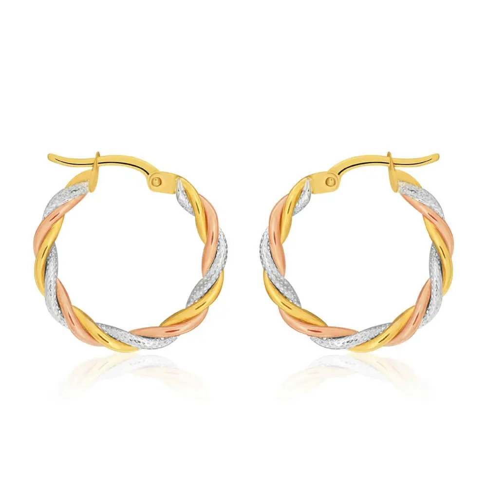 9ct Yellow, Rose & White Gold Hoop Earrings 3 tube twist