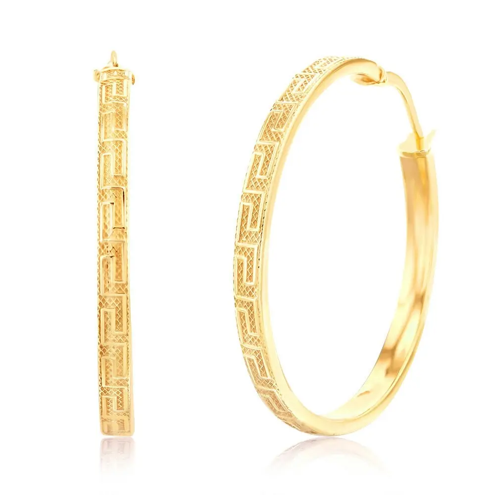 9ct Yellow Gold Silverfilled Greek Key Hoop Earrings