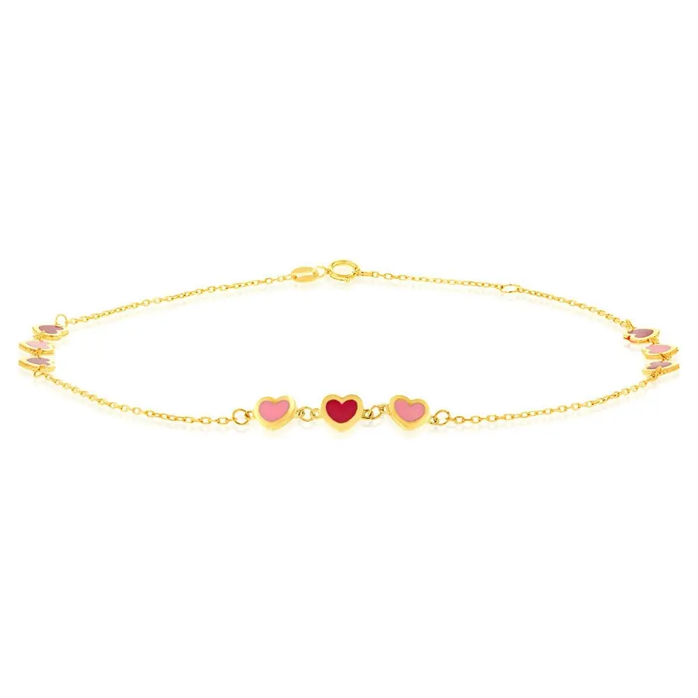 9ct Yellow Gold Red And Pink Heart 25cm Anklet