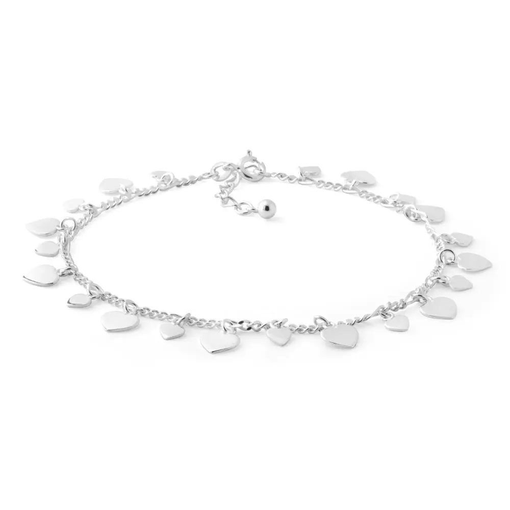 Sterling Silver 25cm Multi Heart Charm Anklet