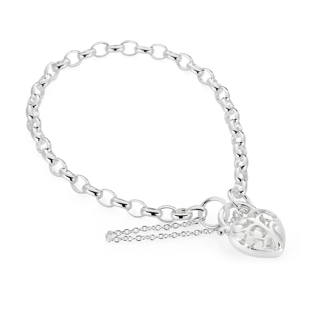 Sterling Silver Belcher Tree Of Life Heart Puff Padlock 19cm Bracelet