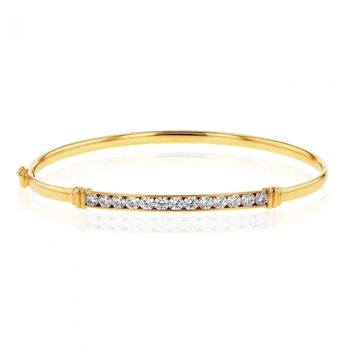 9ct Yellow Gold Zirconia Channel Set Bar Hinged Bangle