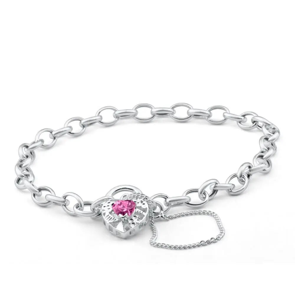 Sterling Silver Pink Cubic Zirconia Belcher Padlock Bracelet