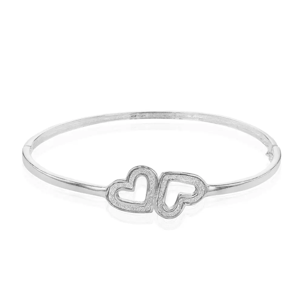 Sterling Silver Stardust Double Heart Hinged Bangle