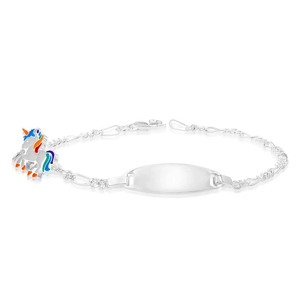 Sterling Silver Coloured Unicorn On Figaro 16cm Baby Bracelet