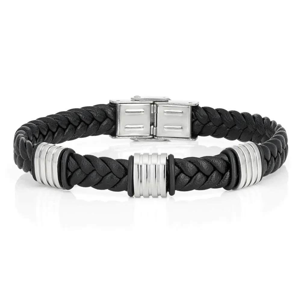 Stainless Steel Black Leather Bracelet