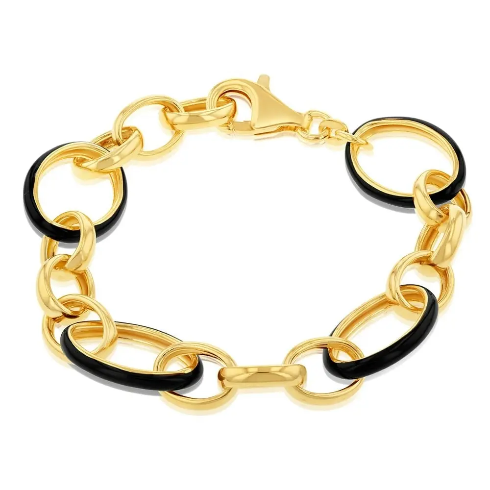 Sterling Silver Gold Plated Black Enamel Fancy 19cm Bracelet