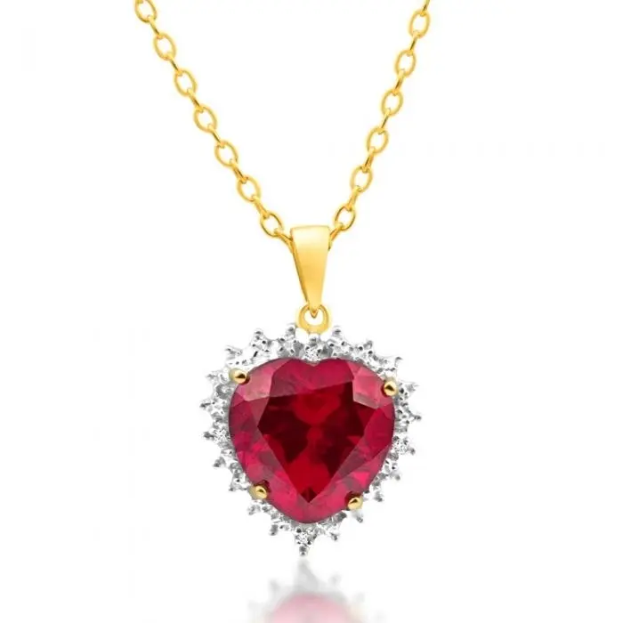 Created Ruby and Diamond Heart Pendant in 9ct Yellow Gold