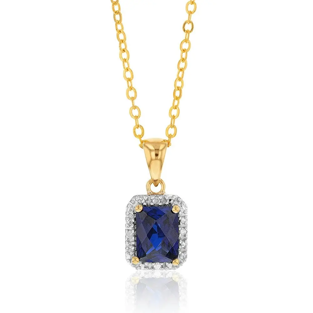 9ct Yellow Gold Created Sapphire and Diamond Pendant 46cm Gold Plated Chain