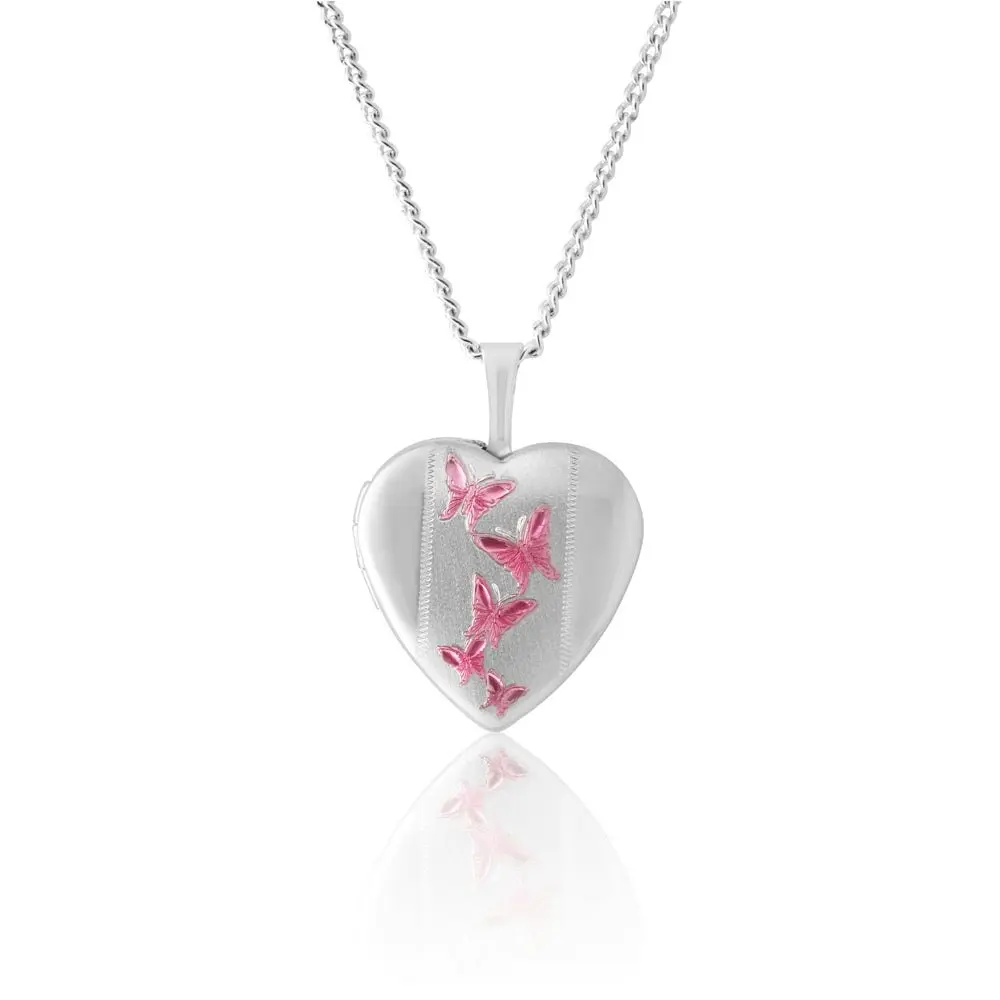 Sterling Silver Pink Butterfly Heart Locket