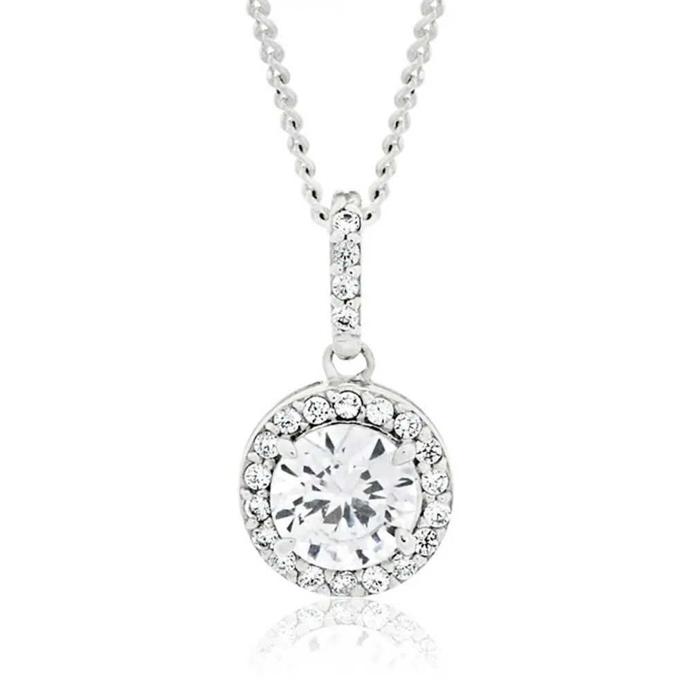 Sterling Silver Rhodium Plated Cubic Zirconia Round Pendant