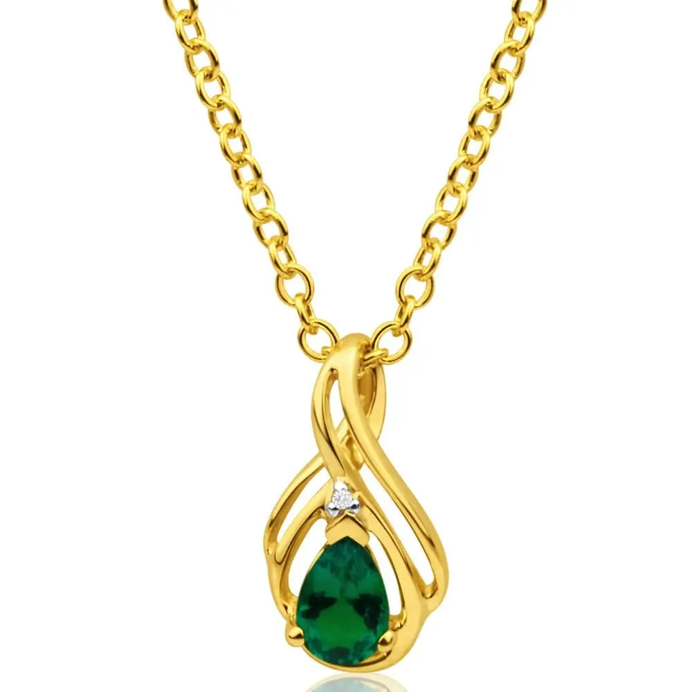 9ct Yellow Gold Diamond + Created Emerald Pendant