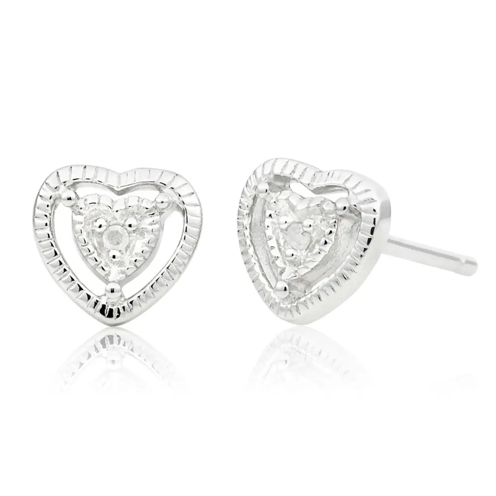 Sterling Silver Diamond Heart Stud Earrings