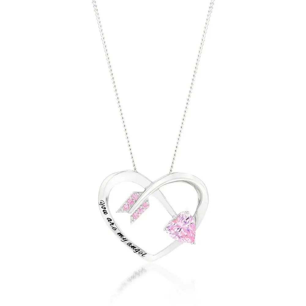 Sterling Silver Rhodium Plated Pink CZ Arrow Heart With Inscription Pendant