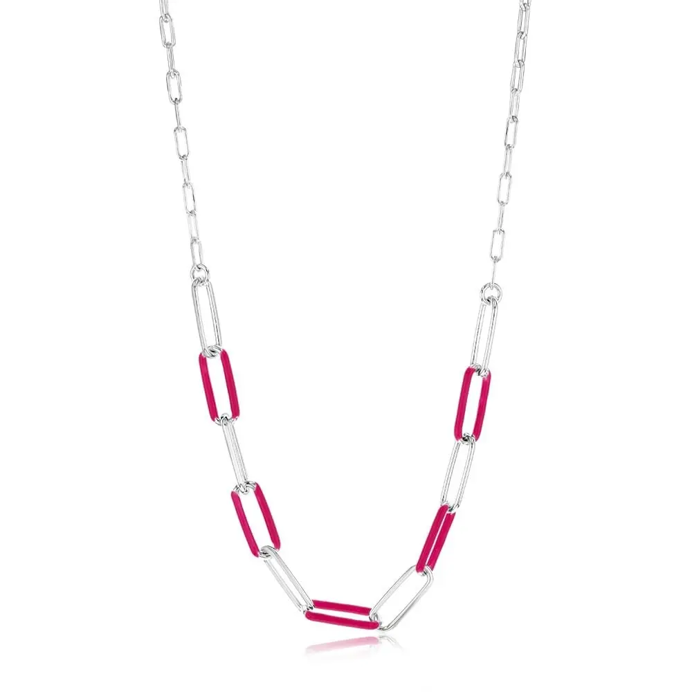 Sterling Silver Pink Enamel On Fancy 40cm Chain