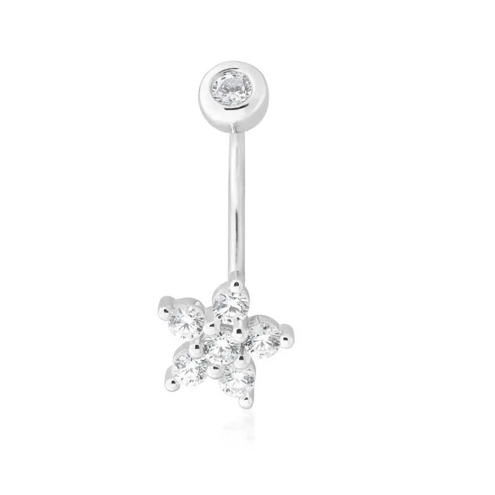 Sterling Silver Belly Bar Zirconia Flower