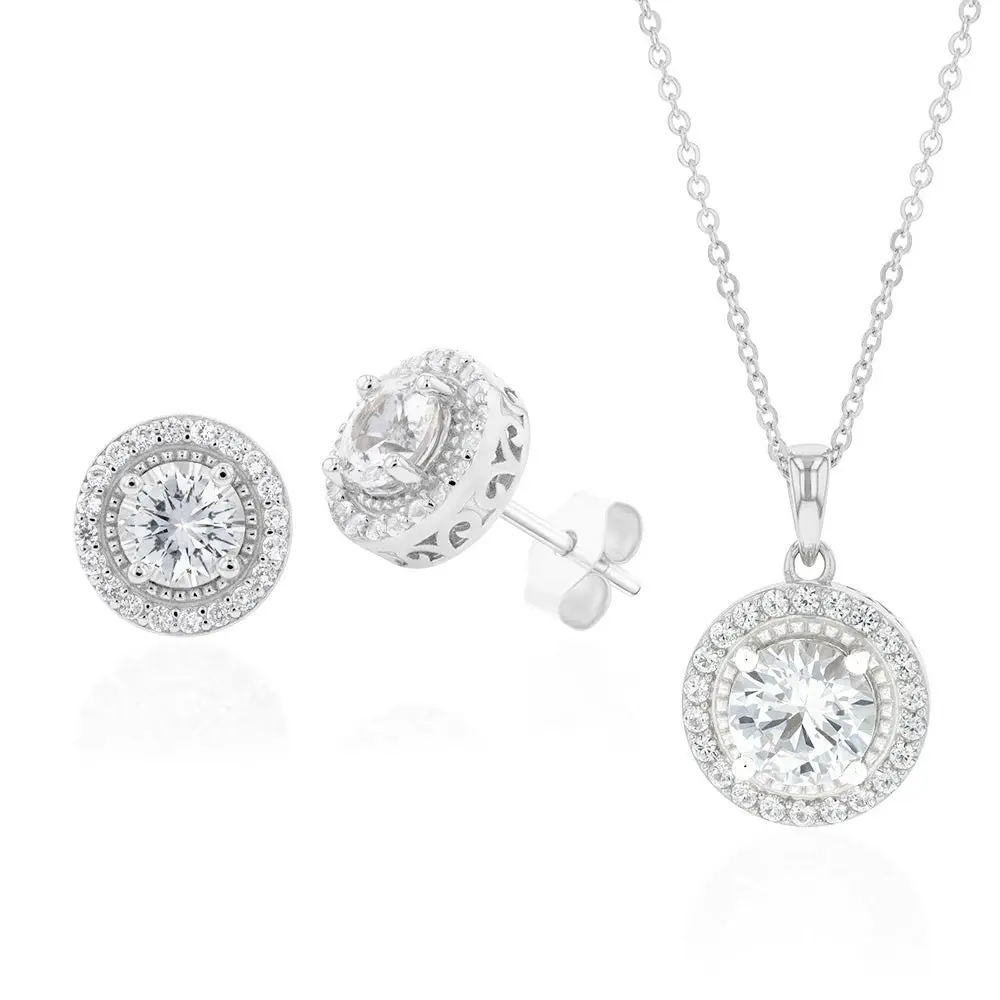 Natural White Sapphire Pendant and Earring Set on Chain in Sterling Silver