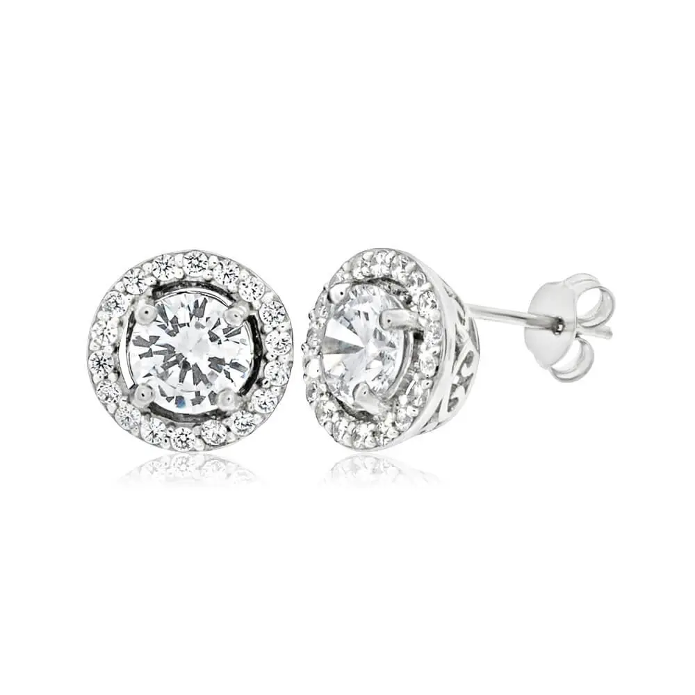 Sterling Silver Rhodium Plated Cubic Zirconia Round Stud Earrings