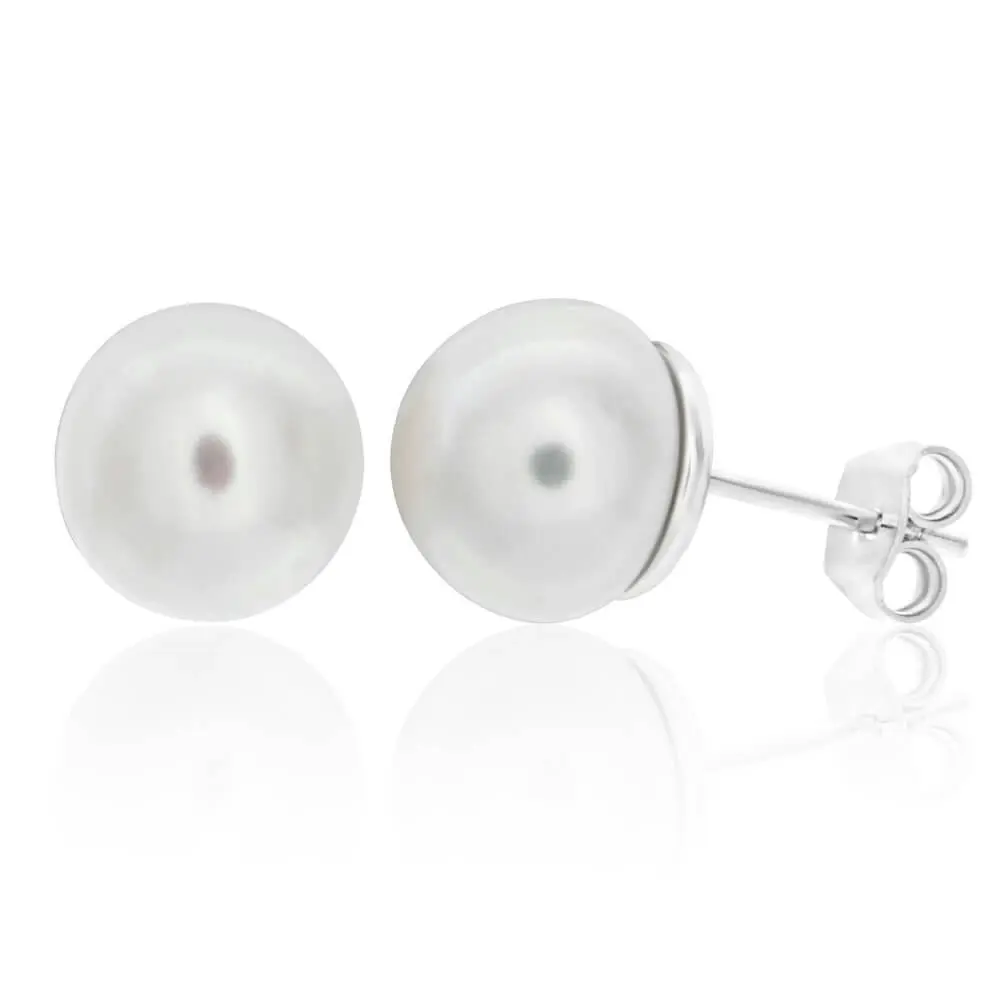 Sterling Silver Rhodium Plated Pearl Stud Earrings