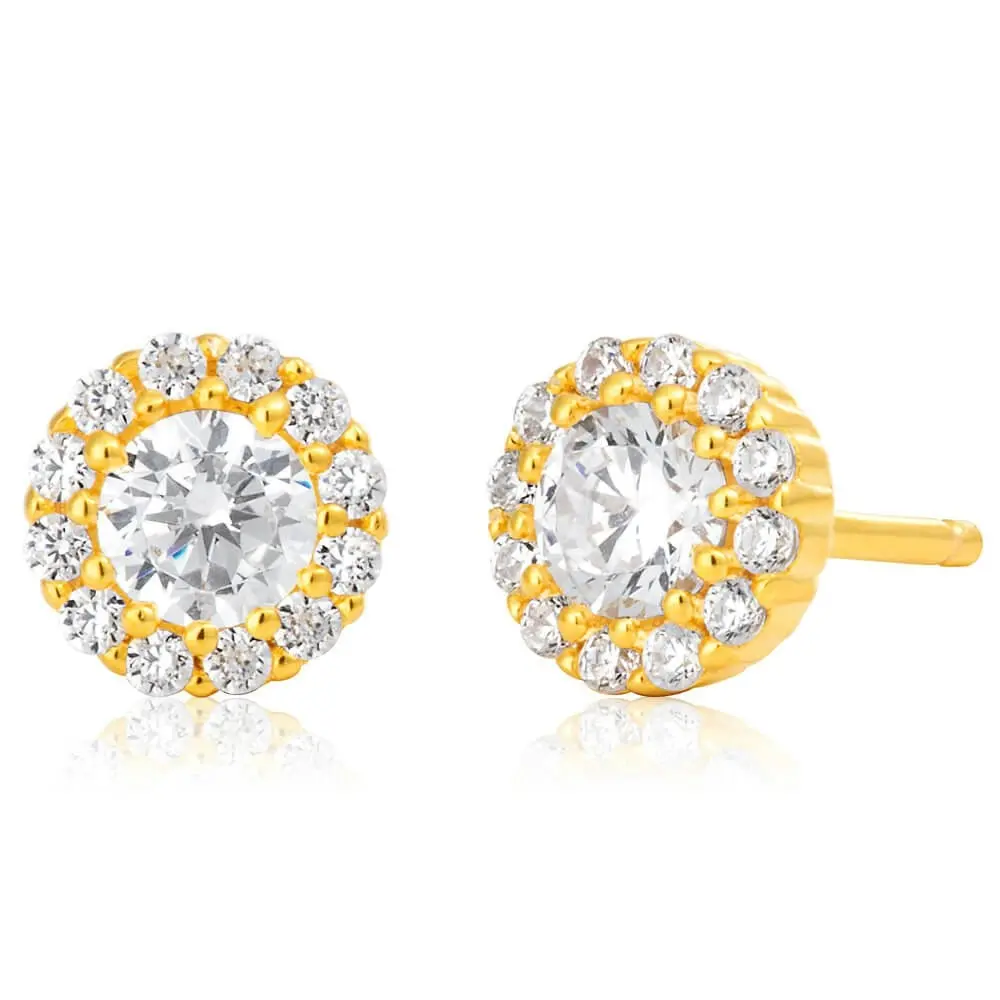 Gold Plated Sterling Silver Cubic Zirconia Brilliant Cut Halo Fancy Stud Earrings