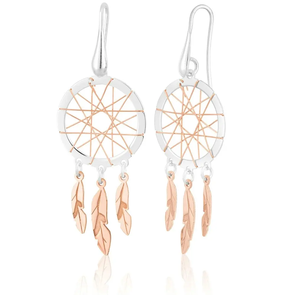 Sterling Silver Rose Plated Two tone 50mm Dream Catcher Earrings