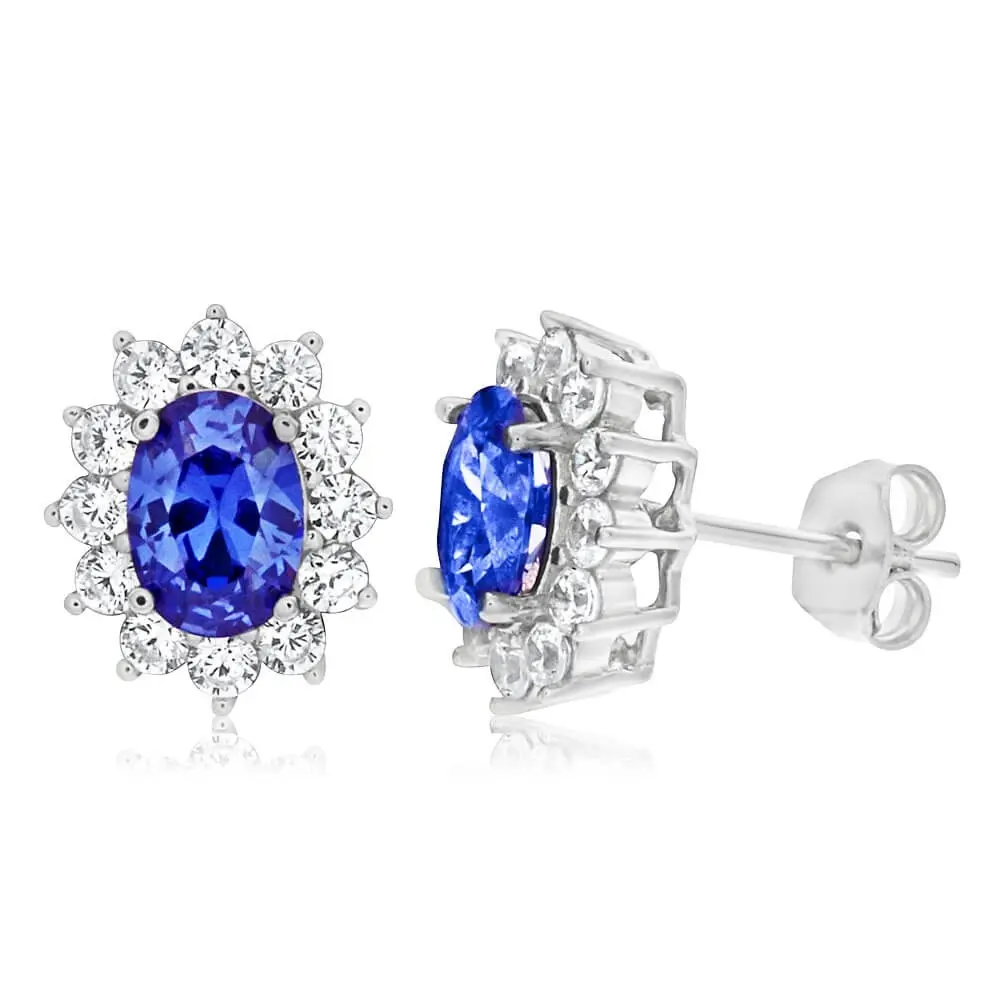 Sterling Silver Cubic Zirconia Blue Cluster Halo Stud Earrings