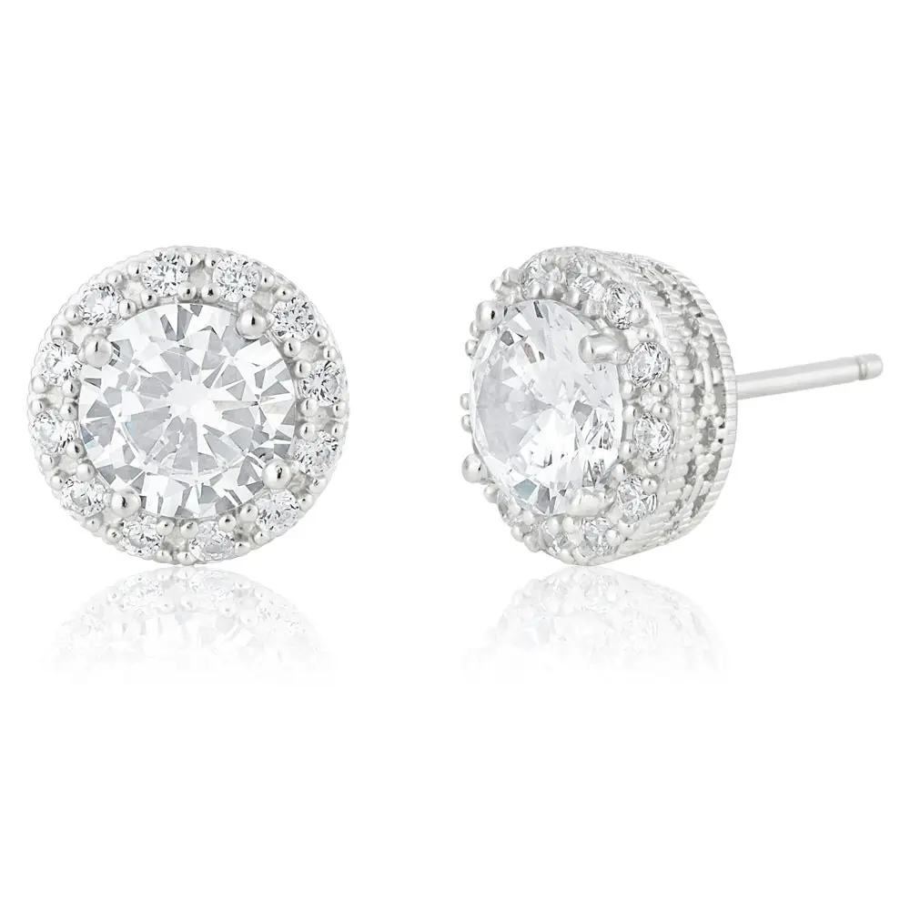 Sterling Silver Platium Plated Cubic Zirconia Brilliant Cut 7mm Halo Stud Earrings