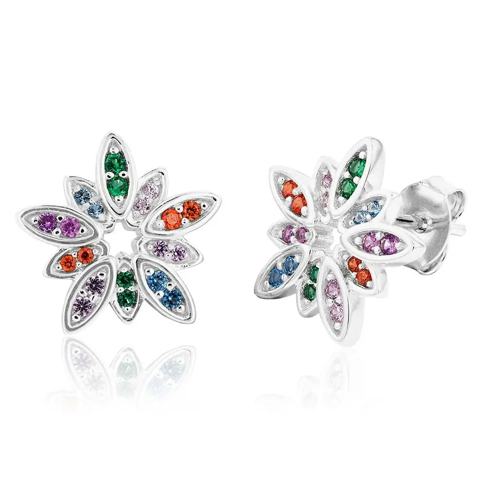 Sterling Silver Rainbow Multicolour Cubic Zirconia Flower Stud Earrings