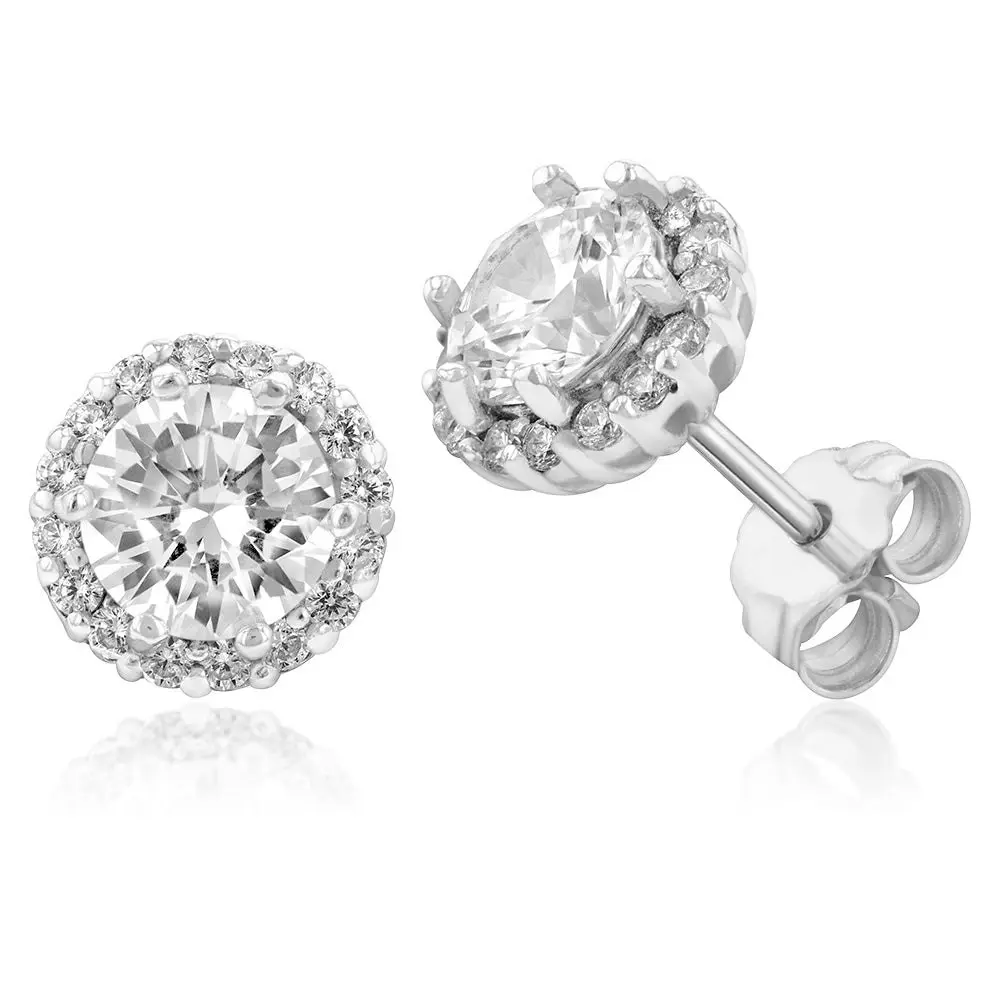 Sterling Silver Cubic Zirconia Halo Stud Earrings