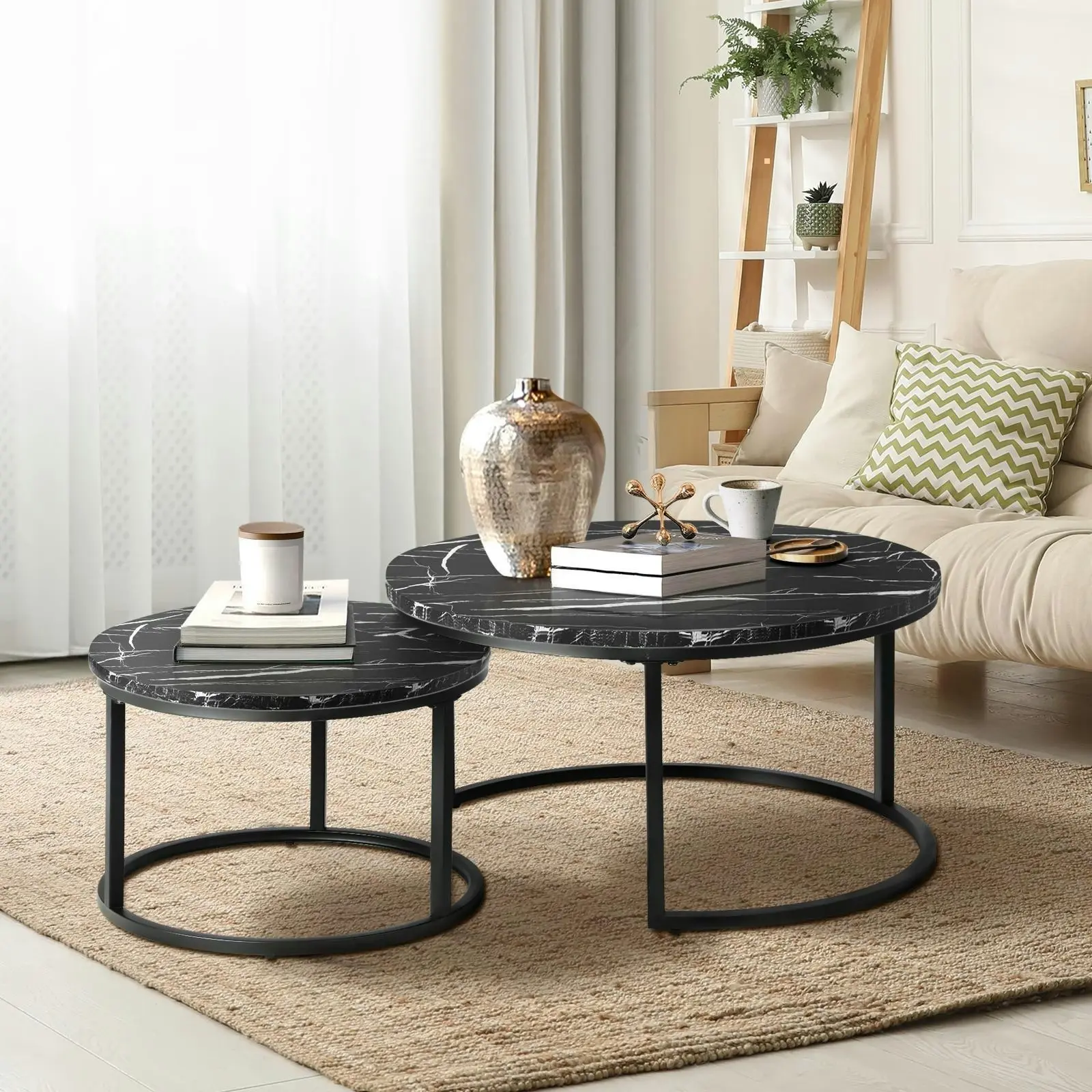 Oikiture Set of 2 Coffee Table Round Nesting Side End Table Black